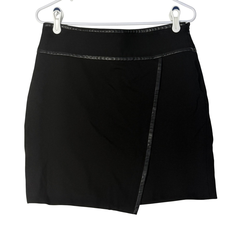 White House Black Market‎ Black Faux Leather Trim Wrap Mini Skirt Size 6